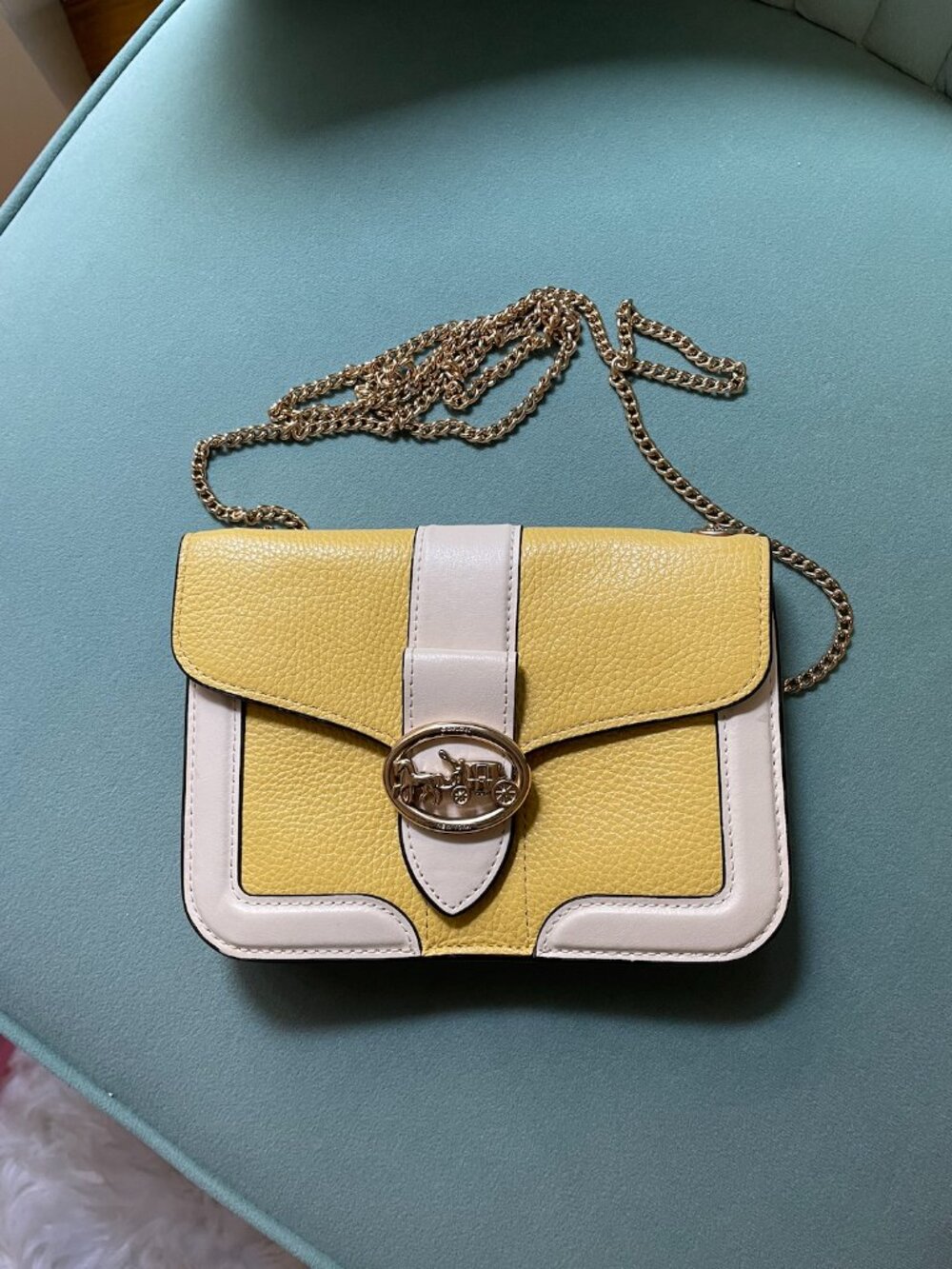 Coach Crossbody Bag Mini Yellow Multi With Golden Chain. Logo Snap Closure.
